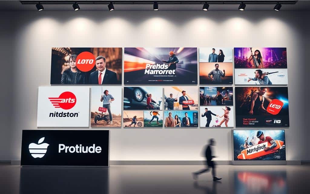 A visually captivating collage showcasing several successful advertising campaign examples. In the foreground, prominent brand logos and product shots pop against a clean, minimalist backdrop. The middle ground features dynamic action shots and vibrant imagery that capture the essence of each campaign. In the background, a soft, atmospheric lighting creates a sense of cohesion, highlighting the creative and innovative nature of the displayed work. The overall composition conveys a professional, polished, and aspirational tone, inspiring the viewer to explore these exemplary case studies of effective advertising strategies.
