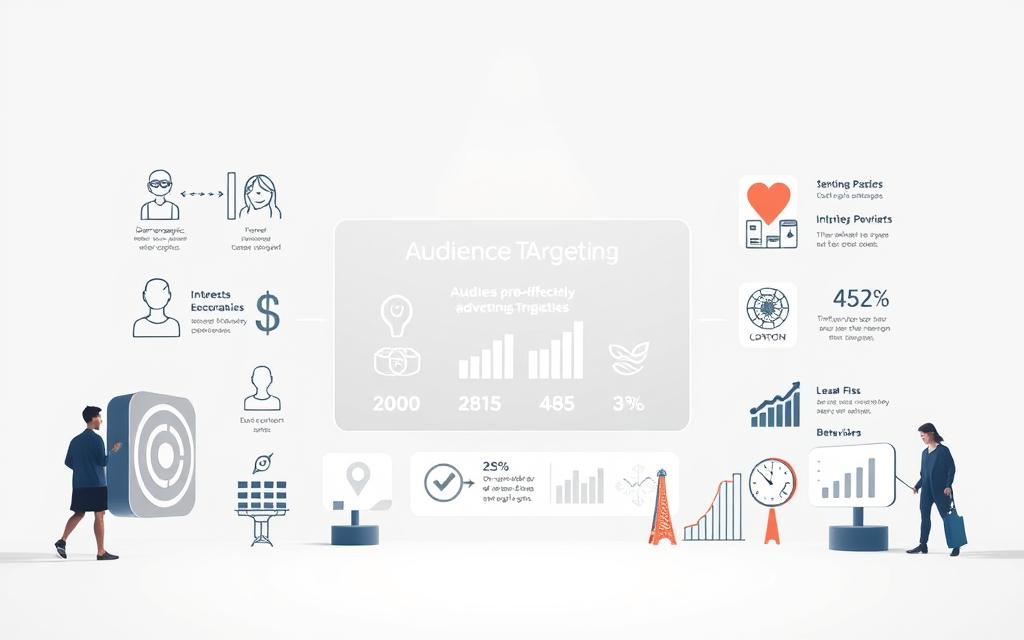 A visually striking and informative illustration depicting the key factors affecting audience targeting and advertising costs. A clean, modern composition featuring stylized icons and infographic-style graphical elements arranged in a grid layout. The foreground showcases various targeting parameters such as demographics, interests, behaviors, and location, rendered in a minimalist, high-contrast style. The middle ground features a central data visualization highlighting audience metrics and cost-per-impression data. The background frames this with a subtle, neutral gradient or texture, creating a sense of depth and professionalism. Bright, balanced lighting accentuates the sleek, digital aesthetic. The overall mood is one of analytical clarity and data-driven insights.