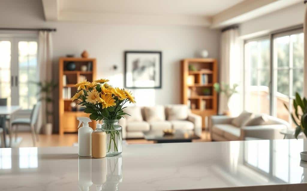 A warm, inviting image of a clean, well-organized home interior. In the foreground, a sparkling clean kitchen counter with a vase of fresh flowers and a few cleaning supplies artfully arranged. The middle ground features a cozy living room with plush, tidy upholstery and a bookshelf in the background. Soft, natural lighting filters in through large windows, creating a sense of serenity and cleanliness. The overall mood is one of comfort, order, and attention to detail - qualities that embody an effective cleaning service.