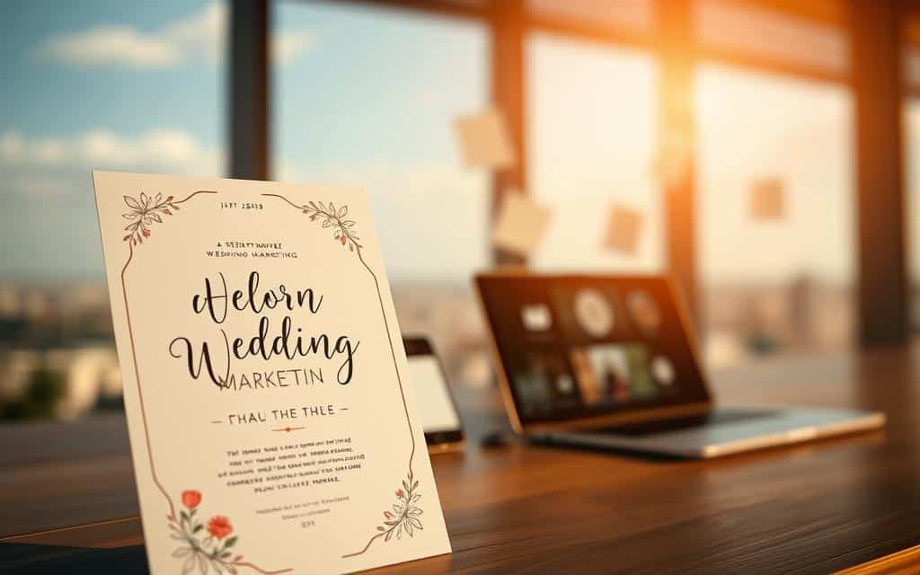 An artistic photograph capturing alternative wedding marketing strategies. In the foreground, a creative wedding invitation design with modern typography and minimalist floral elements. In the middle ground, various digital and social media platforms, including a smartphone, laptop, and social media icons, representing online marketing channels. In the background, a blurred cityscape or scenic landscape, suggesting the broader wedding industry landscape. Warm, natural lighting illuminates the scene, creating a visually striking and inspirational composition. The image conveys a sense of innovation, digital transformation, and the evolving nature of wedding marketing.