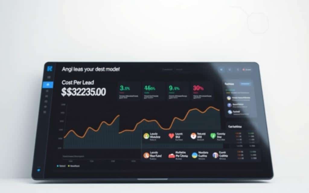 Angi leads cost per lead model: a sleek data visualization dashboard set against a clean, minimalist background. In the foreground, a graph depicts the fluctuating cost per lead data, with intuitive data visualizations and clear metrics. The middle ground showcases an array of lead generation strategies, each represented by distinct icons or infographic elements. In the background, a subtle grid or hexagonal pattern creates a sense of structure and order, complementing the overall professional and analytical tone. The lighting is soft and diffused, creating a sense of clarity and focus on the key information. The camera angle is slightly elevated, giving the viewer a comprehensive perspective on the dashboard and its insights.