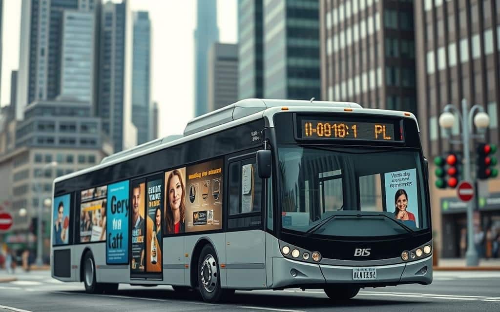 High-resolution, photorealistic scene of various bus advertising formats displayed on the exterior of a modern city bus, shot from a slightly low angle with a wide-angle lens in natural daylight. The bus is positioned in the middle ground, surrounded by a blurred urban landscape with skyscrapers and street lamps in the background. The advertising formats include large side panels, rear-facing ads, digital screens, and smaller poster-style ads. The bus has a clean, well-maintained appearance, and the advertisements are crisp, colorful, and visually appealing, showcasing a range of products and services. The overall mood is professional, dynamic, and informative, capturing the versatility and impact of bus advertising.
