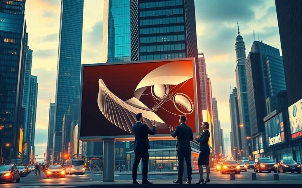Prompt A dynamic business landscape with towering skyscrapers and bustling city streets. In the foreground, a billboard showcases a sleek, modern advertisement for a professional service, illuminated by warm, directional lighting that casts dramatic shadows. The middle ground features a team of executives in smart business attire, gesturing animatedly as they discuss growth strategies centered around the advertising campaign. The background is filled with the energy of a thriving metropolis, conveying a sense of progress and opportunity. The overall scene evokes a mood of ambition, innovation, and the transformative power of effective advertising to drive business expansion.
