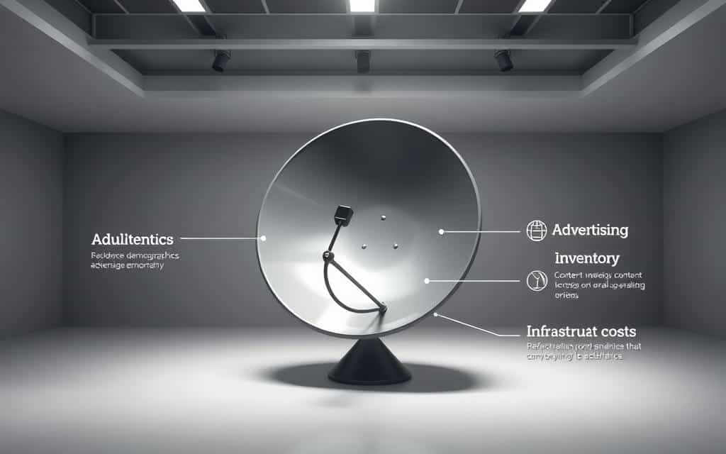 Satellite radio pricing factors In a state-of-the-art studio, a sleek satellite dish floats mid-frame, its metallic surface gleaming under crisp studio lighting. Surrounding it, a minimalist infographic showcases key factors influencing satellite radio pricing - audience demographics, advertising inventory, content licensing, and infrastructure costs. The composition utilizes a clean, modern aesthetic with muted colors and sharp angles to convey the technical, data-driven nature of the subject matter. The overall mood is one of precision and analytical clarity, reflecting the complex economics underlying the satellite radio industry.
