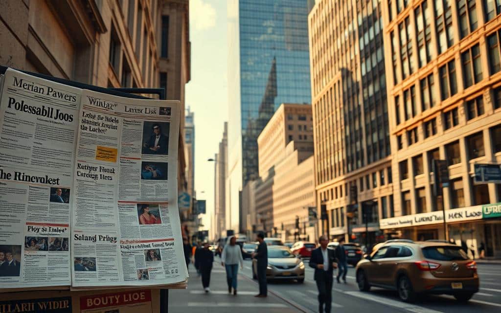 A bustling city street, seen through the lens of a vintage camera. In the foreground, a newspaper stand displays a diverse array of job postings, their headlines and classified sections vying for the attention of passers-by. The middle ground features a mix of pedestrians and vehicles, each carrying on their daily routines. In the background, a towering skyscraper casts long shadows, its mirrored facade reflecting the dynamic urban landscape. The scene is bathed in warm, golden light, creating a sense of timelessness and nostalgia. The overall atmosphere evokes the classic era of print media and the importance of strategic job ad placement in the physical world.