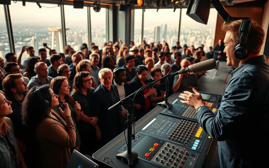 A bustling radio studio, with a diverse audience of listeners eagerly tuned in. In the foreground, a host stands behind a sleek, state-of-the-art microphone, engaging the crowd with animated gestures and a captivating expression. The middle ground features a well-lit mixing board, knobs, and dials, signifying the technical expertise required to deliver a polished broadcast. In the background, a sprawling cityscape can be seen through the studio's large windows, hinting at the far-reaching influence of the radio station. The lighting is warm and inviting, creating a sense of energy and excitement, perfectly suited for a segment on effective audience targeting for radio advertising campaigns.