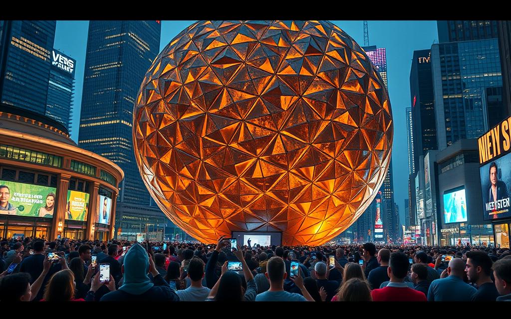 A bustling scene of social media engagement surrounding the towering, futuristic MSG Sphere. In the foreground, a diverse crowd of people energetically interact with their smartphones, capturing and sharing content. The sphere's mesmerizing exterior, with its intricate, undulating panels, dominates the middle ground, bathed in warm, ambient lighting. In the background, a cityscape of gleaming skyscrapers and bustling streets sets the stage, conveying a sense of urban energy and innovation. The atmosphere is vibrant, dynamic, and brimming with the potential for digital connectivity and impactful advertising opportunities.