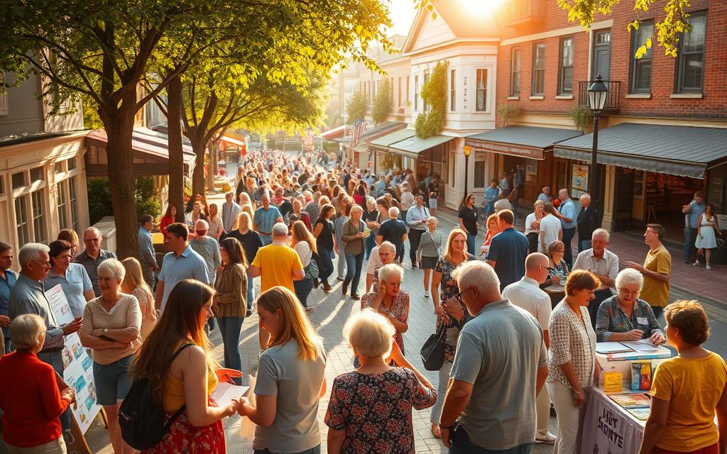 A bustling town square with a lively community event, people gathered around a central stage engaged in discussion and activities. The scene is bathed in warm, golden sunlight filtering through trees, casting a cozy, inviting atmosphere. In the foreground, a small group of locals chat animatedly, gesturing towards informational displays and brochures. In the middle ground, a diverse crowd mingles, browsing local vendor stalls offering crafts, food, and community resources. The background features quaint storefronts and historic buildings, hinting at the town's character and heritage. The overall impression is one of active, inclusive community engagement.