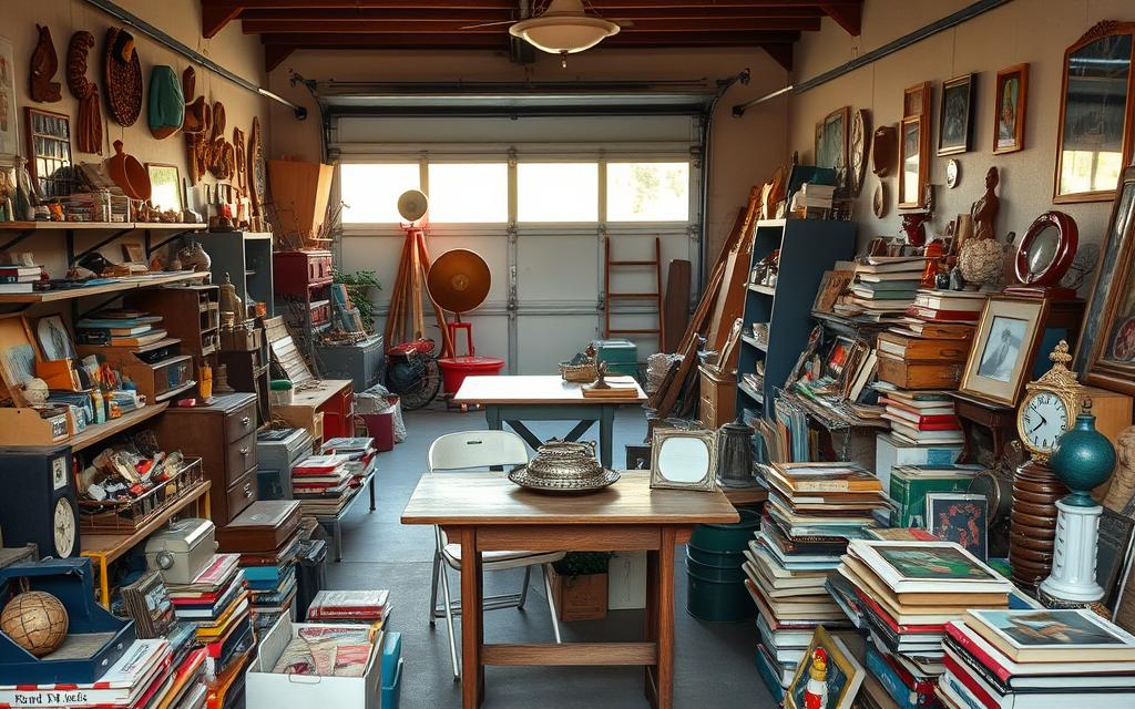 A cozy garage sale setup with an inviting atmosphere. In the foreground, a well-organized display of an eclectic mix of items - vintage trinkets, used books, and quirky knick-knacks. The middle ground features a few weathered wooden tables and folding chairs, creating a comfortable shopping experience. In the background, a partially open garage door lets in natural light, illuminating the scene with a warm, nostalgic glow. The overall setting conveys a sense of discovery, where hidden treasures await the curious bargain hunter.