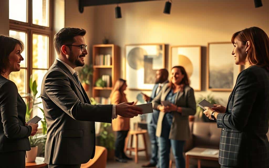 A cozy office setting with professionals engaged in deep conversation, exchanging business cards and networking strategies. Warm lighting filters through large windows, casting a golden glow on the scene. In the foreground, two smartly dressed individuals shake hands, their expressions welcoming and engaged. In the middle ground, a small group discusses potential collaborations, their body language open and animated. The background depicts a tastefully decorated space, with potted plants, shelves of books, and abstract artwork adorning the walls, creating an atmosphere of creativity and intellectual discourse. The overall mood is one of productive, meaningful connection, capturing the essence of building a professional network.