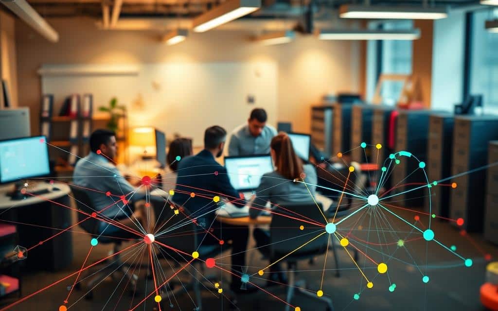A detailed visualization of marketing distribution costs, captured through a wide-angle lens. In the foreground, a complex network of colorful arrows and shapes representing the various stages and channels of product distribution. In the middle ground, a group of people - marketing executives, logistics managers, and sales representatives - collaborating around a table, discussing strategy and analyzing data. The background is softly blurred, but hints at a bustling office environment, with computer screens, whiteboards, and filing cabinets visible. The lighting is warm and ambient, creating a sense of focus and deliberation. The overall mood is one of analytical rigor and strategic planning, reflecting the importance of effective marketing distribution in driving business success.