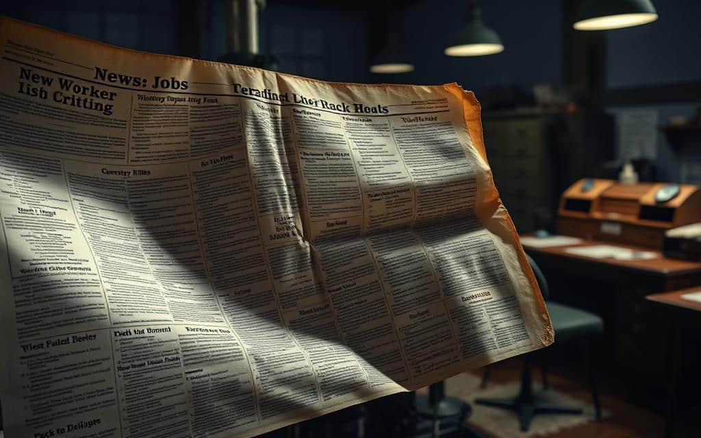 A dimly lit, vintage-inspired scene capturing the history of newspaper job ads. In the foreground, a weathered newspaper page flutters, showcasing a variety of classified listings for various occupations - from factory workers to domestic help, secretaries to salespeople. The middle ground features an old-fashioned printing press, its intricate mechanisms casting shadows across the scene. In the background, a row of antique desks and filing cabinets, evoking the bustling offices where these ads were once composed and typeset. The lighting is soft and muted, evoking a sense of nostalgia and the passage of time. The overall mood is one of historical significance, highlighting the pivotal role newspaper job ads have played in connecting workers with employment opportunities throughout the ages.