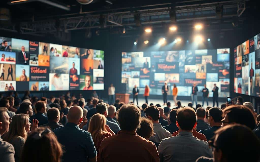 A dynamic brand storytelling campaign unfolds before a captivated audience. In the foreground, a vibrant collage of visuals and narratives engages the viewer, drawing them into the heart of the brand's essence. The middle ground showcases a seamless integration of digital and physical touchpoints, reflecting the brand's commitment to a cohesive, multichannel experience. In the background, a softly-lit stage sets the tone, with carefully curated lighting and camera angles that elevate the storytelling experience. The entire scene emanates a sense of energy, authenticity, and emotional resonance, capturing the true spirit of a successful brand campaign.