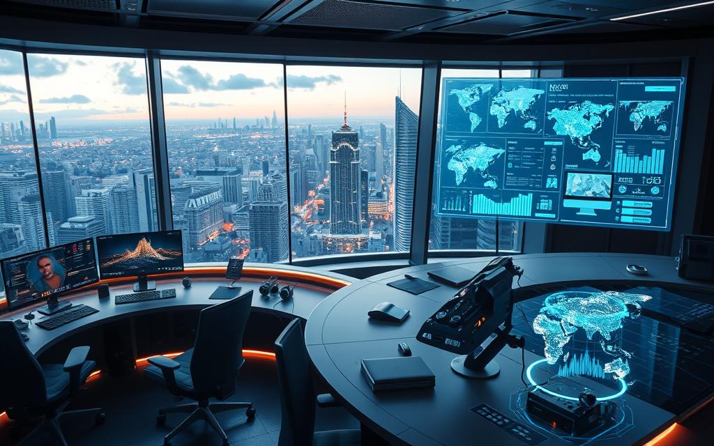 A futuristic control room with advanced holographic displays, sleek ergonomic workstations, and a panoramic window overlooking a bustling cityscape. Holographic interfaces project data visualizations, live video feeds, and sophisticated advertising algorithms. Subtle mood lighting creates an atmosphere of technological sophistication, while the city skyline in the background suggests the scale and reach of modern digital advertising. The scene conveys a sense of innovation, efficiency, and the power of data-driven advertising techniques shaping the future of the industry.