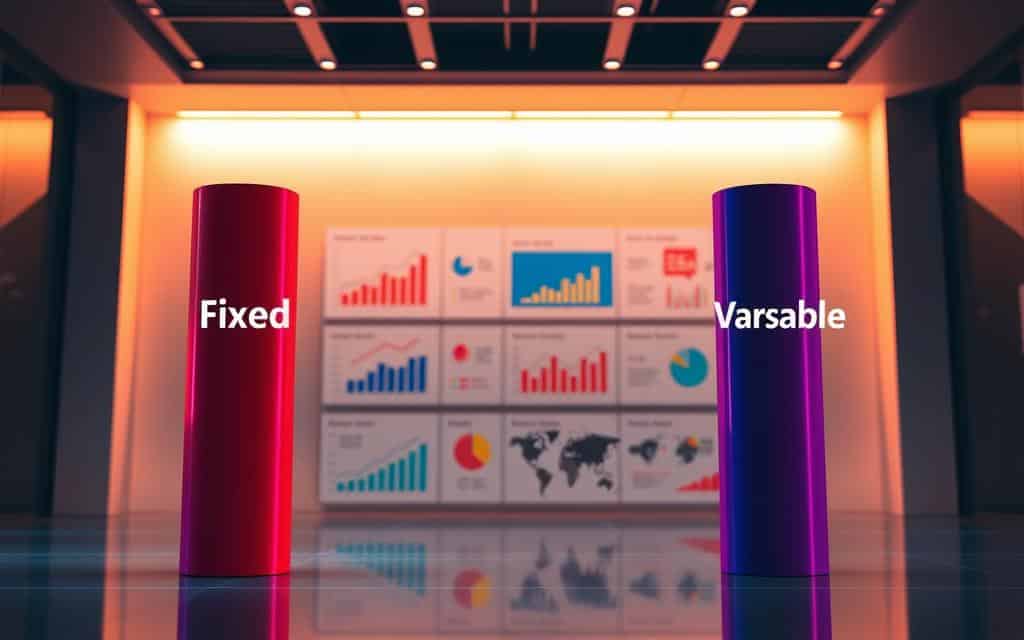 A high-contrast, colorful data visualization depicting the comparative analysis of fixed and variable advertising costs. In the foreground, two distinct columns representing fixed and variable costs, with clear visual cues to distinguish them, such as differing colors, textures, or patterns. The middle ground features a series of charts, graphs, or infographics that illustrate the nuances of these cost types, using clean, modern design elements. The background showcases a sleek, minimalist environment, with subtle gradients or geometric shapes to create depth and emphasize the analytical nature of the scene. Warm, directional lighting casts dramatic shadows, lending a sense of depth and gravitas to the composition. The overall mood is one of data-driven clarity and strategic decision-making.