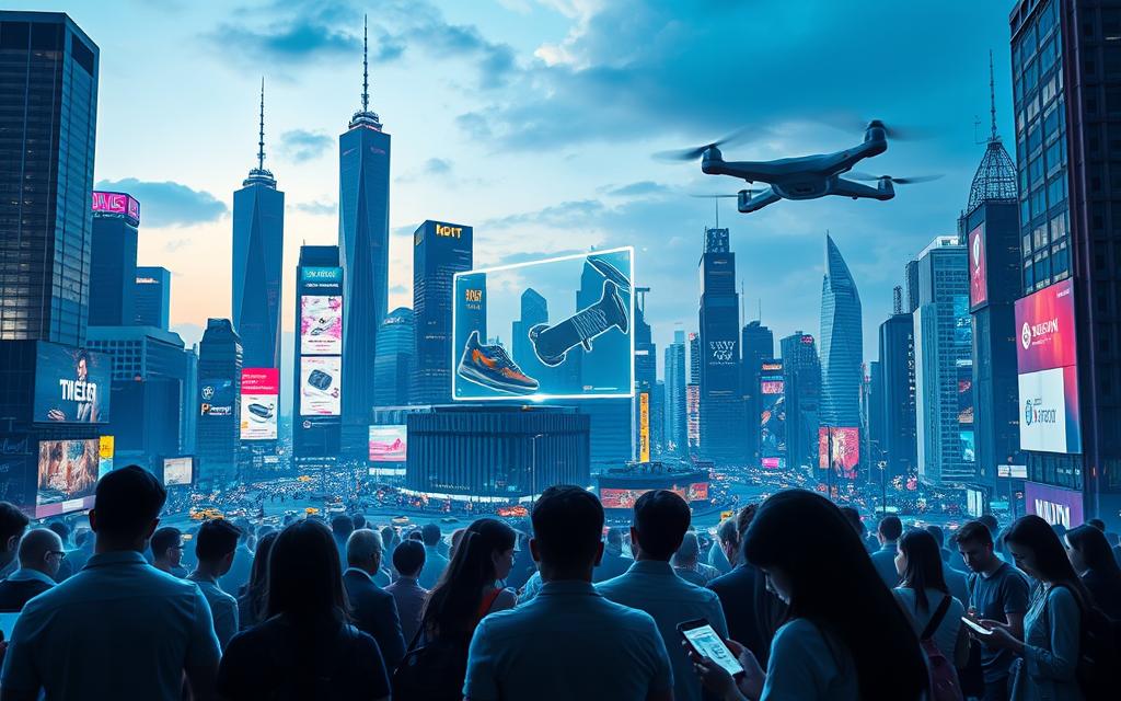 A high-tech city skyline with towering skyscrapers and neon billboards. In the foreground, a group of people immersed in their smartphones, their faces illuminated by the glow of the screens. The middle ground features a series of holographic advertisements, projected in mid-air, showcasing the latest tech products and services. The background is a vibrant, futuristic landscape, with autonomous vehicles and drones weaving through the urban landscape. The lighting is a mix of cool, blue tones and warm, neon hues, creating a dynamic and visually striking scene. The overall atmosphere conveys a sense of a tech-driven, hyper-connected world where advertising has adapted to the digital age.
