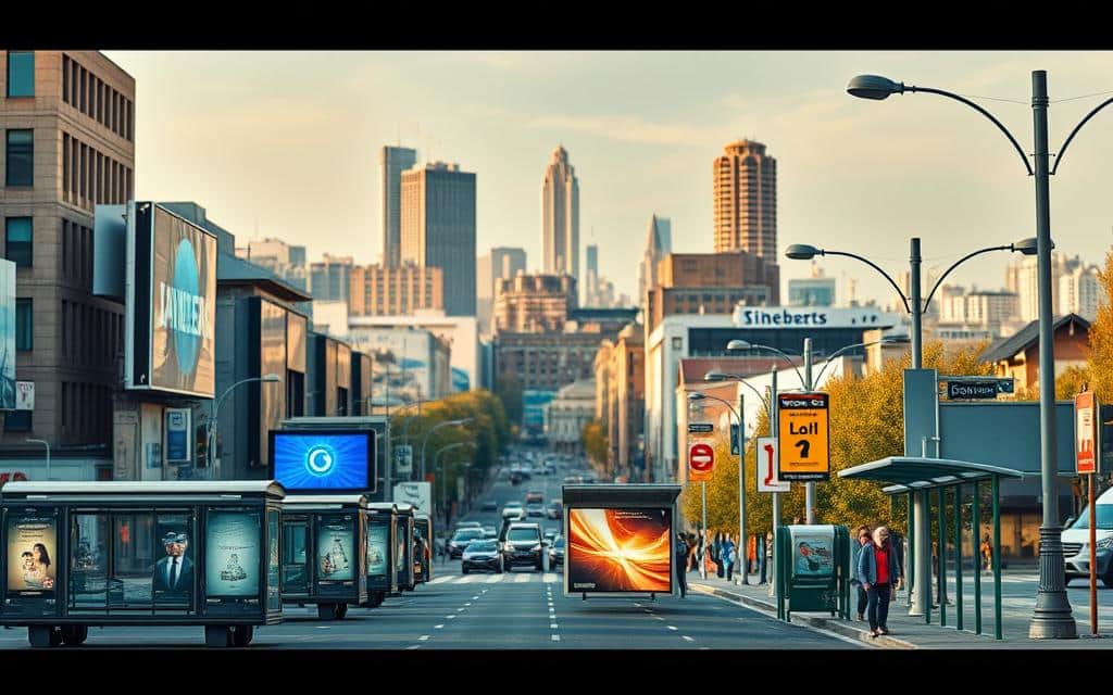 A meticulously detailed comparison of various out-of-home (OOH) advertising formats, showcasing their unique characteristics and applications. In the foreground, a diverse array of OOH formats, including billboards, bus shelters, digital screens, and street furniture, are displayed with impeccable clarity and precision. The middle ground features a carefully crafted urban landscape, with buildings, streetlights, and pedestrians, setting the scene for the OOH formats. The background is a softly blurred cityscape, adding depth and context to the overall composition. The lighting is warm and natural, creating a welcoming and informative atmosphere. The camera angle is slightly elevated, providing an unobstructed view of the various OOH formats and their placement within the urban environment.