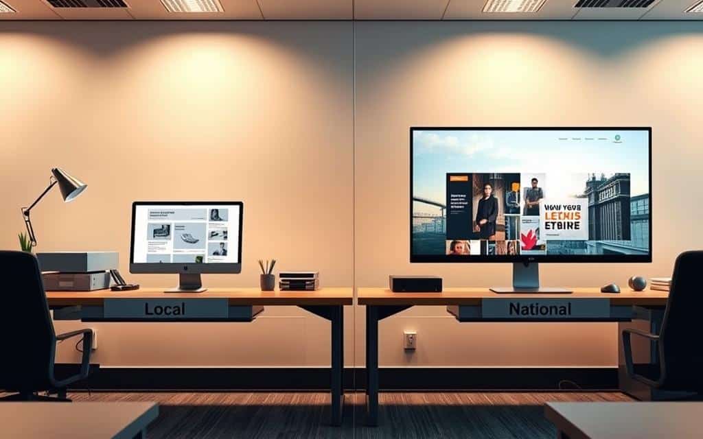 A modern office interior with two adjacent desks, one labeled "Local" and the other "National". On the "Local" desk, a smaller computer monitor and a simple, minimalist advertising campaign layout. On the "National" desk, a larger monitor displaying a more complex, visually striking advertising campaign. Soft, warm lighting illuminates the scene, creating a professional, corporate atmosphere. The attention is drawn to the contrasting scale and sophistication of the advertising materials, clearly illustrating the differences in costs and resources between local and national advertising.