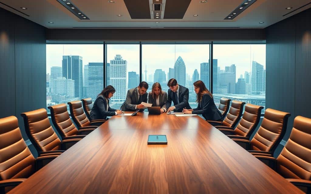 A sophisticated campaign strategy meeting in a sleek, modern boardroom. A large wooden table dominates the foreground, surrounded by ergonomic leather chairs. Soft, indirect lighting casts a warm glow, complementing the muted color palette of grays, whites, and natural wood tones. In the middle ground, a team of professionals in business attire pore over documents and digital displays, engaged in an animated discussion. The background features expansive windows overlooking a vibrant city skyline, hinting at the broader context and high-stakes nature of the strategy being formulated. The overall atmosphere conveys a sense of focus, collaboration, and strategic thinking.