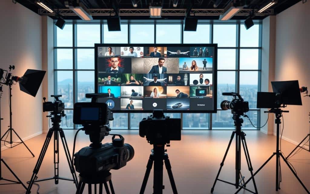 A stylized video production studio, with a large projection screen displaying various product demo videos. In the foreground, sleek camera equipment and lighting setups are neatly arranged, conveying a professional and cinematic atmosphere. The middle ground features a minimalist, modern interior design with clean lines and neutral tones, creating a visually appealing and uncluttered environment. The background showcases a panoramic cityscape through large windows, providing a sense of depth and context. The overall mood is one of sophistication, attention to detail, and a focus on showcasing products through high-quality video presentation.
