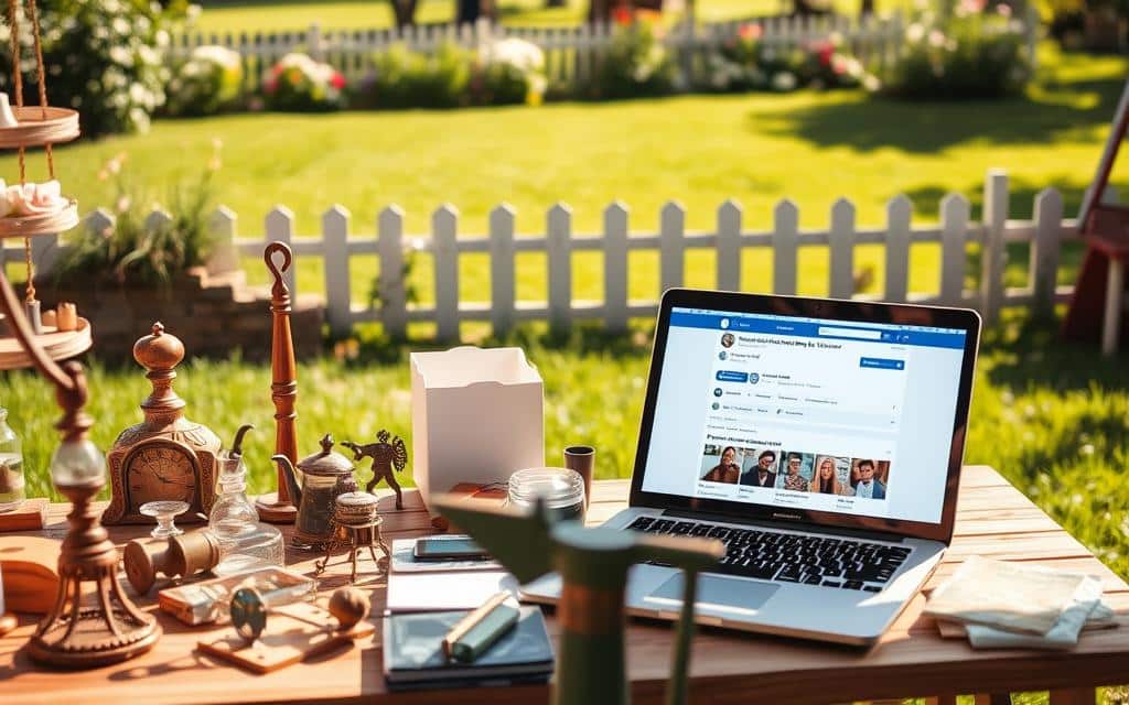 A sunny, well-lit yard sale Facebook event setup. In the foreground, a wooden table with an assortment of vintage items, trinkets, and knick-knacks arranged neatly. In the middle ground, a Facebook event page displayed on a laptop screen, with the event details and a few profile photos of attendees. In the background, a lush, green lawn dotted with blooming flowers, and a picket fence bordering the scene. The overall atmosphere is warm, inviting, and nostalgic, capturing the essence of a neighborhood yard sale. The lighting is soft and natural, creating a sense of depth and highlighting the textures of the items on display.