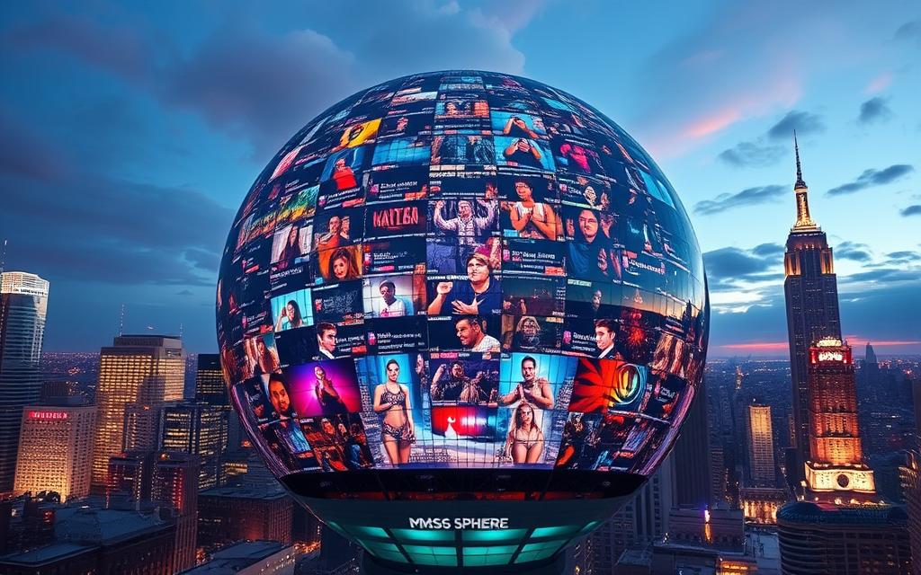 A towering, futuristic sphere dominates the cityscape, its surface a captivating mosaic of LED lights. The sphere's exterior is sleek and seamless, reflecting the city's skyline in intricate patterns. Inside, advanced technology powers a mesmerizing display, with vibrant colors and sharp, high-resolution imagery that captivates onlookers. Cutting-edge lighting and projection systems create a stunning visual experience, drawing the viewer's attention to the sphere's innovative advertising capabilities. The scene exudes a sense of technological sophistication and futuristic wonder, hinting at the immersive and impactful advertising opportunities the MSG Sphere offers.