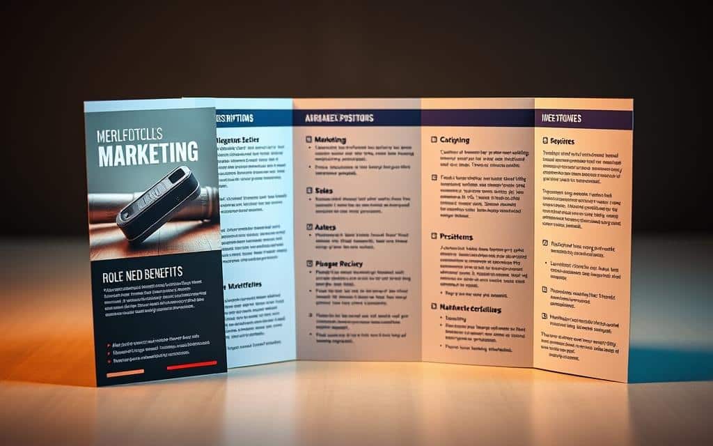 A tri-fold brochure with a professional, marketing-focused design. The front panel features a sleek, modern layout with a striking product image and bold typography highlighting key roles and benefits. The inside panels showcase detailed information about various marketing positions, including job descriptions, required skills, and career trajectories, all presented in a clean, organized manner. The overall aesthetic conveys a sense of sophistication and authority, reflecting the seriousness of the marketing industry. Warm, directional lighting illuminates the brochure, creating depth and dimension, while a shallow depth of field focuses the viewer's attention on the content. The background is subtly blurred, maintaining a minimalist, professional tone.