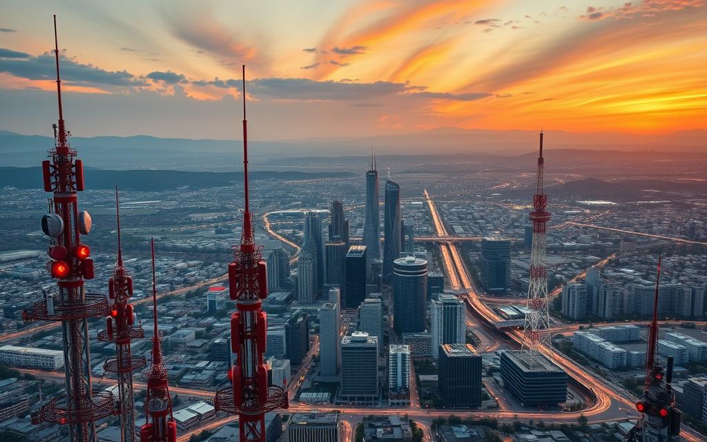 A vibrant aerial view of a bustling radio advertising market, captured in a wide-angle lens with a shallow depth of field. In the foreground, a cluster of modern radio broadcasting towers stand tall, their red lights blinking rhythmically against a twilight sky. In the middle ground, a sprawling cityscape unfolds, with skyscrapers and commercial buildings dotting the landscape. The background is dominated by rolling hills and a distant horizon, bathed in warm, golden hues from the setting sun. The scene conveys a sense of energy, connectivity, and the immense scale of the radio advertising industry.