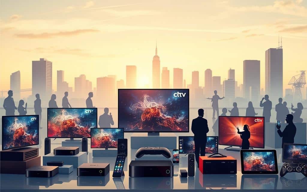 A vibrant and dynamic illustration of the CTV ecosystem partners, captured in a cinematic wide-angle view. In the foreground, an array of diverse digital devices including smart TVs, streaming boxes, and mobile phones, each representing a key player in the CTV landscape. The middle ground showcases silhouettes of people interacting with the devices, highlighting the seamless integration of CTV technology into everyday life. The background features a modern cityscape, hinting at the expansive reach and interconnectivity of the CTV ecosystem. The lighting is soft and diffused, creating a sense of warmth and sophistication, while the composition is balanced and visually appealing, guiding the viewer's eye through the various elements of the scene.