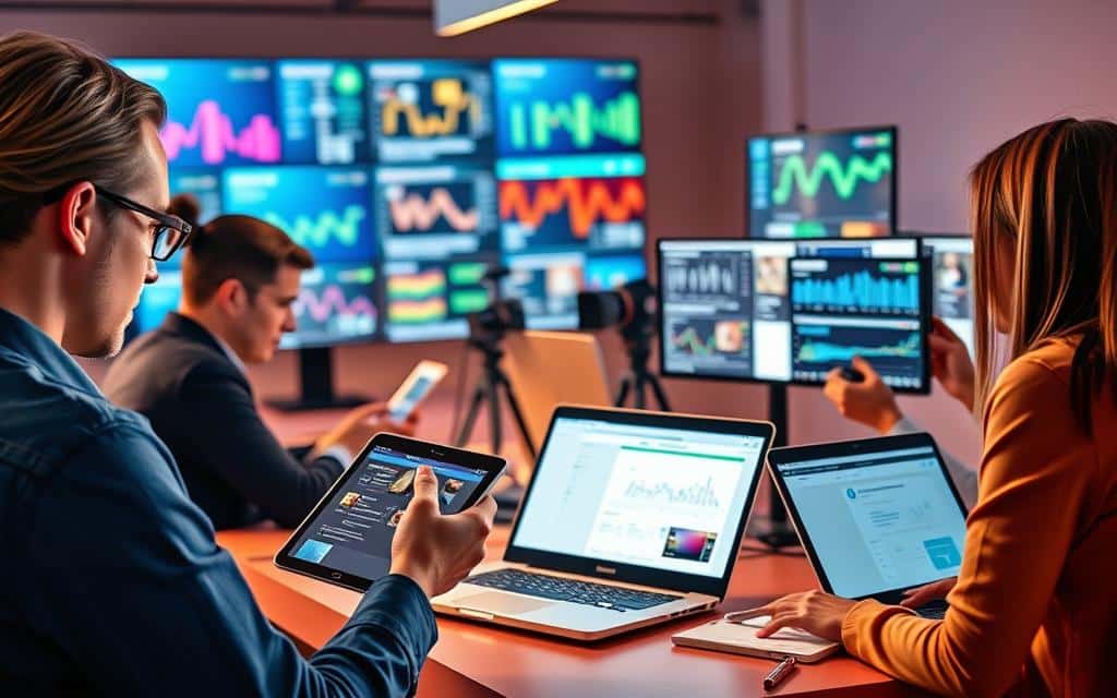 A vibrant and dynamic scene depicting key digital marketing roles. In the foreground, a social media manager scrolls through a tablet, strategizing content for various platforms. In the middle ground, a content creator films a vlog on a professional camera, surrounded by laptops and creative tools. In the background, a digital analyst reviews performance metrics on multiple screens, infusing the scene with a sense of data-driven decision-making. Warm lighting, clean lines, and a sleek, modern aesthetic convey the fast-paced, technology-driven nature of the digital marketing industry.