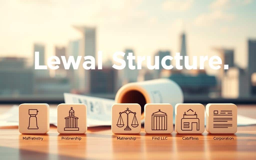 A vibrant and informative illustration showcasing the legal structure options for an advertising agency. In the foreground, a selection of crisp, clean icons representing different business entities such as sole proprietorship, partnership, limited liability company (LLC), and corporation. The middle ground features architectural blueprints and financial documents, hinting at the legal and administrative aspects of setting up an agency. The background is a softly blurred cityscape, evoking the professional environment and success that can be achieved through thoughtful legal planning. The overall mood is one of clarity, organization, and a path forward for aspiring agency owners. Lighting is natural and warm, with a shallow depth of field to focus attention on the key informational elements.