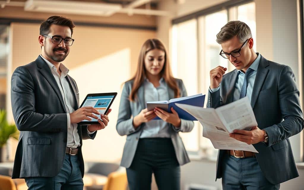A vibrant composite image showcasing various advertising roles. In the foreground, a creative director standing confidently, holding a tablet displaying their latest design concept. In the middle ground, a social media manager scrolling through their phone, analyzing campaign performance. In the background, a strategic planner reviewing a detailed report, contemplating innovative marketing strategies. Warm, natural lighting casts a professional, collaborative atmosphere. The scene is captured with a medium-wide angle lens, emphasizing the collaborative nature of the advertising industry.