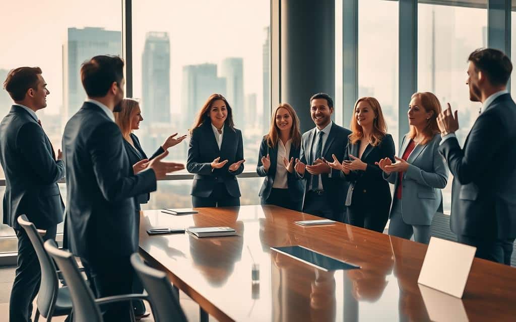 A vibrant corporate office setting, with a team of professionals in smart business attire gathered around a conference table, engaged in a lively discussion. The room is filled with a sense of energy and collaboration, with large windows allowing natural light to stream in, casting a warm glow on the scene. In the background, a sleek, modern cityscape can be seen through the glass, adding to the corporate and professional atmosphere. The team members are gesturing animatedly, their expressions focused and determined, reflecting the success of their recent campaign efforts. The overall mood is one of achievement, progress, and a sense of shared purpose.