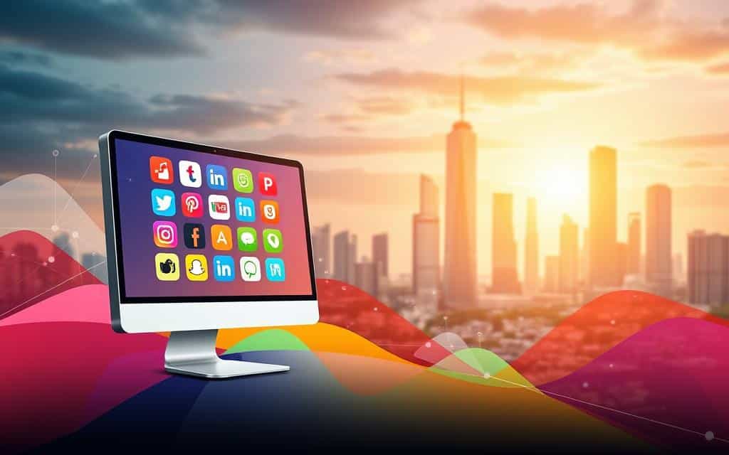 A vibrant digital advertising landscape with a sleek, modern design. In the foreground, a stylized computer screen displays an array of social media icons, representing the various digital platforms for targeted advertising. The middle ground features a dynamic arrangement of colorful geometric shapes and gradients, symbolizing the data analytics and strategic planning involved in effective digital campaigns. The background showcases a cityscape with futuristic skyscrapers, conveying the interconnected, technology-driven nature of contemporary advertising. The overall scene is illuminated by a warm, yet professional lighting, creating a sense of sophistication and innovation.