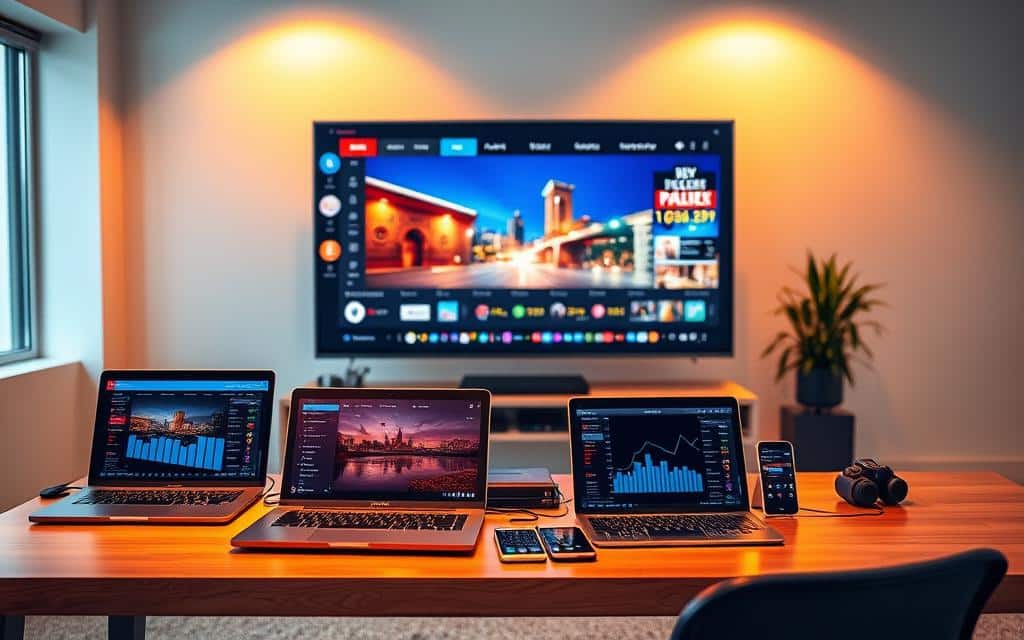 A vibrant, fully-equipped CTV campaign setup. In the foreground, a modern office desk displays a laptop, tablet, and smartphone, all connected and synced. Atop the desk, a sleek monitor showcases advertising analytics and campaign performance metrics. In the middle ground, a large TV screen dominates the scene, displaying a captivating CTV ad campaign. Warm, directional lighting casts a soft glow, creating a professional, yet inviting atmosphere. In the background, a minimalist office space with clean lines and neutral tones provides a sophisticated backdrop. The overall scene conveys a seamless, tech-savvy CTV advertising setup, ready to drive impactful campaign results.