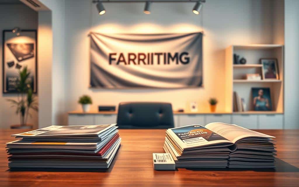 A vibrant, professional-looking office setting showcasing the marketing benefits of printed materials. In the foreground, neatly stacked brochures, flyers, and business cards sit on a sleek, wooden desk illuminated by warm, directional lighting. In the middle ground, a large, high-quality banner with a compelling design hangs on the wall, creating a striking visual focal point. The background features a clean, minimalist wall with modern shelving displaying additional printed collateral, such as posters and signage. The overall scene conveys a sense of sophistication, attention to detail, and the tangible advantages of physical marketing assets in a digital age.