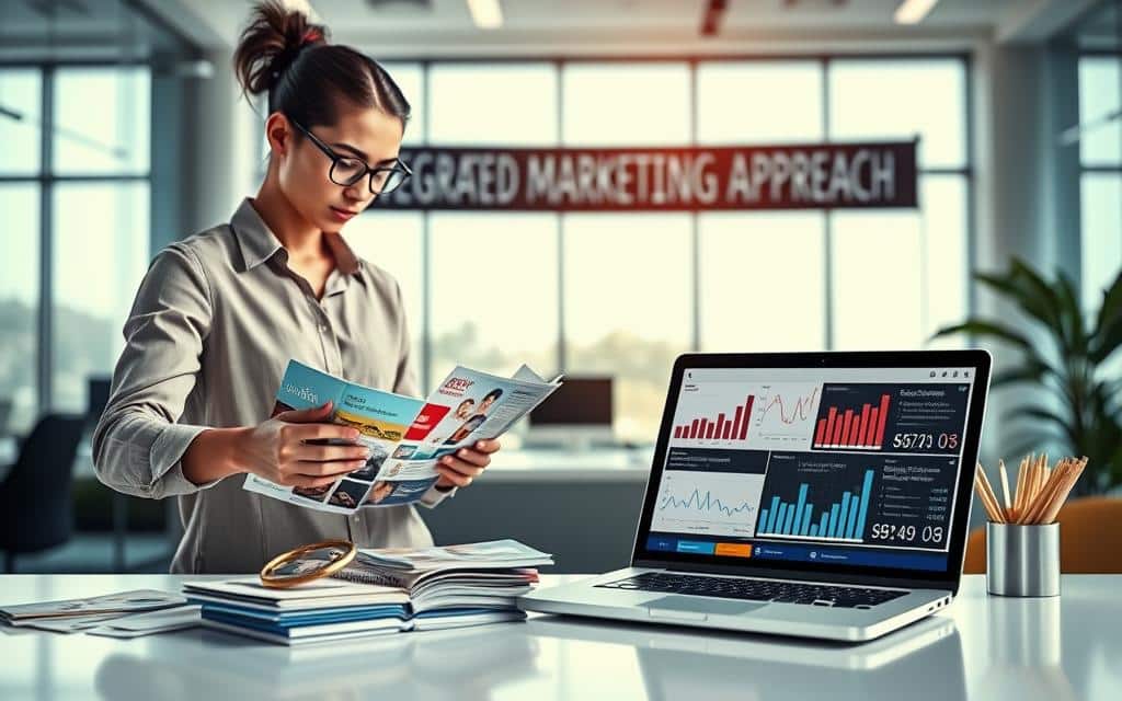 A vibrant, visually-striking scene depicting an "integrated marketing approach" with a balance of classic and digital elements. In the foreground, a professional designer carefully arranges a collection of print media - brochures, flyers, and a chalkboard-style banner. In the middle ground, a laptop displays a digital marketing dashboard, showcasing web analytics and social media engagement. The background features a sleek, modern office setting with large windows, allowing natural light to pour in and highlight the cohesive, omnichannel marketing strategy. The overall mood is one of collaboration, creativity, and a forward-thinking, data-driven approach to marketing.