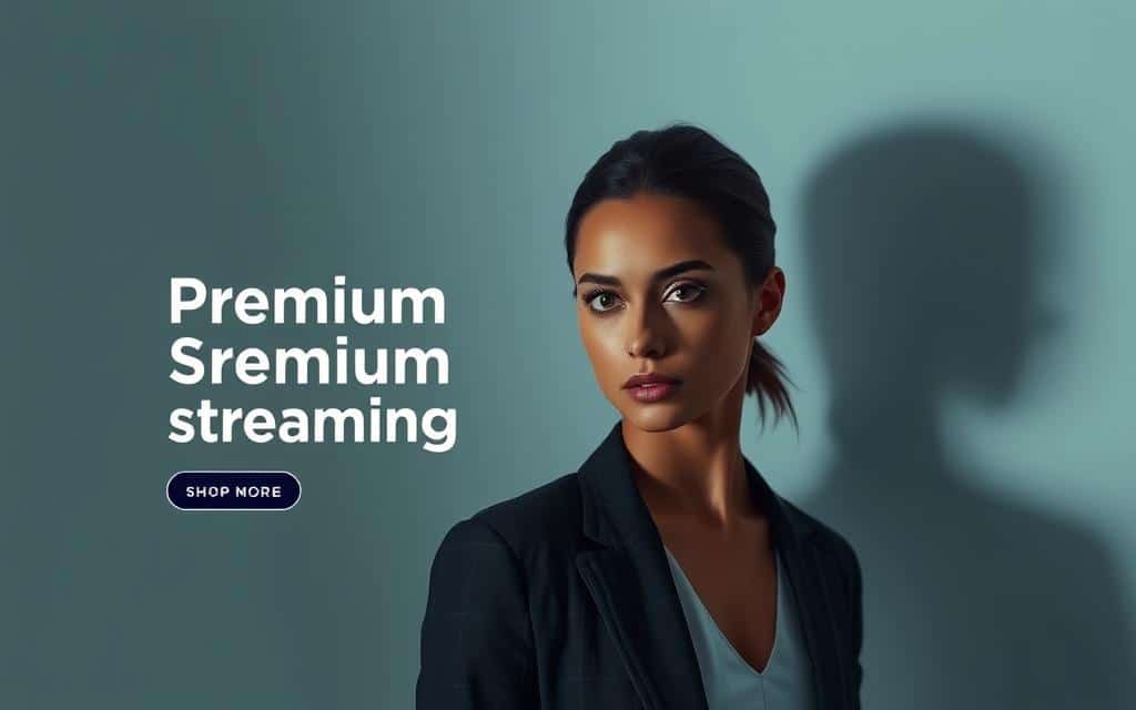 A visually striking premium streaming ad design, featuring a captivating central figure against a sleek, minimalist backdrop. The subject, a well-dressed, confident model, is captured in a dramatic three-quarter profile, their gaze engaging the viewer. The lighting is soft and directional, casting subtle shadows that accentuate the model's features and create a sense of depth. The background is a clean, neutral palette, allowing the ad's message and branding to take center stage. The overall composition is balanced and visually striking, conveying a sense of sophistication and high-quality production value that would be well-suited for an OTT advertising campaign.