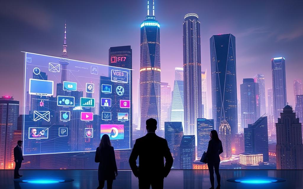 An expansive, futuristic cityscape showcasing the evolving landscape of video strategy trends. In the foreground, a holographic display depicts various video formats and platforms, their icons dancing with vibrant energy. The middle ground features silhouettes of marketing professionals, deep in thought, strategizing their next video campaign. The background is a towering metropolis of gleaming skyscrapers, their windows reflecting the digital displays and casting a neon glow across the scene. Dramatic lighting casts long shadows, evoking a sense of innovation and the weight of important decisions. The overall atmosphere is one of anticipation, as the video strategy landscape continues to transform and adapt to emerging technologies.