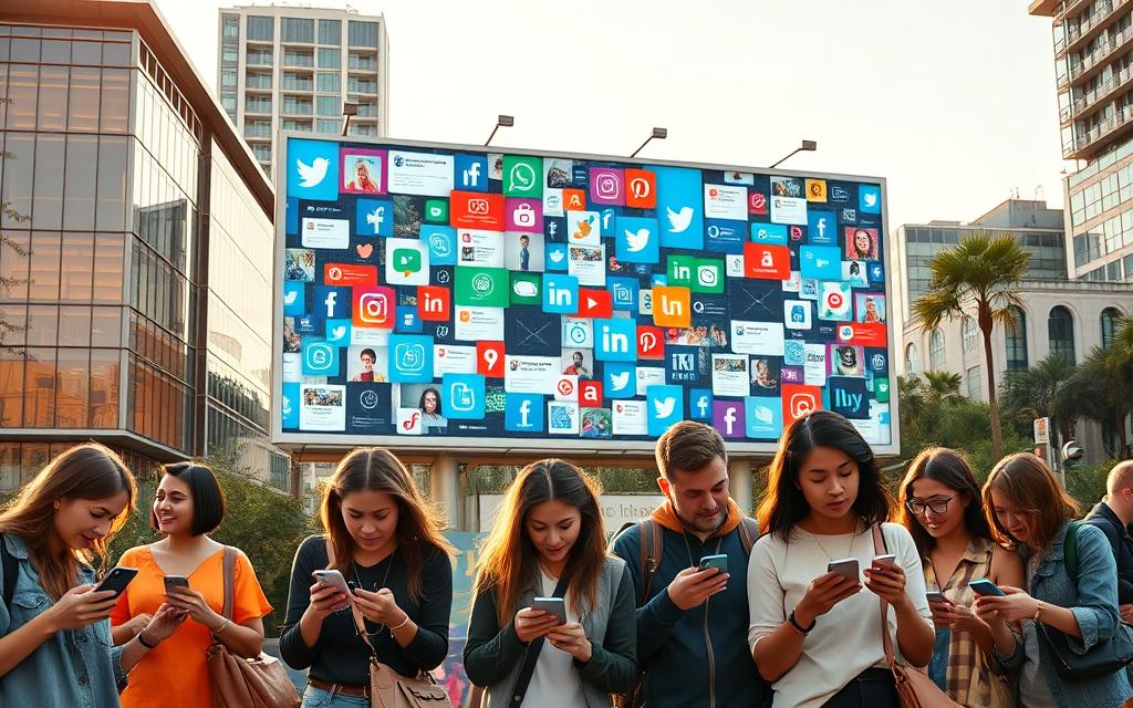Vibrant outdoor advertisement billboard featuring seamless integration with popular social media platforms. In the foreground, a group of diverse individuals engrossed in their smartphones, their digital interactions spilling onto the larger-than-life display. The middle ground showcases a dynamic collage of social media icons, posts, and live feed updates, creating a sense of interconnectedness between the physical and virtual realms. The background offers a scenic urban landscape, with modern architecture and a hint of natural elements providing a balanced composition. Warm, natural lighting casts a welcoming glow, enhancing the sense of harmony between the digital and physical worlds. The overall scene conveys the powerful synergy between out-of-home advertising and social media engagement, captivating the audience and seamlessly integrating the two channels.