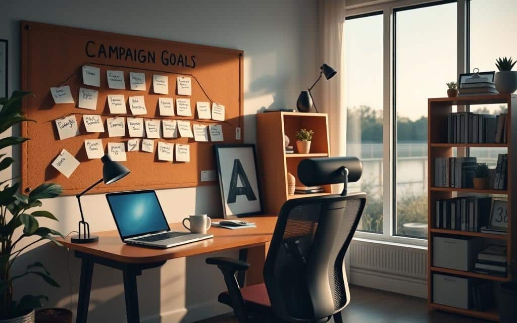 A cozy home office with an ergonomic desk and chair, soft lighting, and a motivational corkboard displaying sticky notes with various campaign goal-setting strategies. In the foreground, a laptop and coffee mug sit neatly on the desk, while the middle ground features a framed vision board and a bookshelf filled with marketing resources. The background showcases a large window with a serene outdoor view, creating a calming and productive atmosphere. The overall scene conveys a sense of focus, organization, and a well-thought-out approach to setting effective campaign goals.