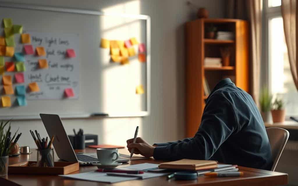 A cozy office setting with a whiteboard on the wall, colorful sticky notes, and a cup of coffee on the desk. A person sitting at the desk, deep in thought, surrounded by an array of writing instruments and a laptop. Soft, natural lighting illuminates the scene, creating a focused, creative atmosphere. The background is slightly blurred, emphasizing the process of ideation and brainstorming. The overall composition suggests a thoughtful, meticulous approach to crafting a memorable advertising slogan or tagline.