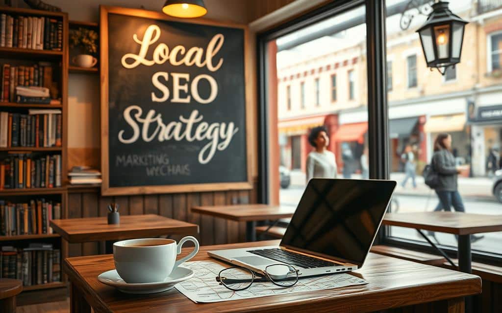 A cozy, rustic coffee shop with a chalkboard sign displaying "Local SEO Strategy" in flowing calligraphy. The interior is filled with warm, natural lighting, wooden tables, and bookshelves stocked with marketing books. In the foreground, a laptop and a cup of coffee sit on the table, surrounded by a pair of eyeglasses and a local city map. In the background, a large window offers a view of a bustling street with quaint storefronts, pedestrians, and a vintage streetlamp. The overall mood is one of focus, inspiration, and a sense of community.