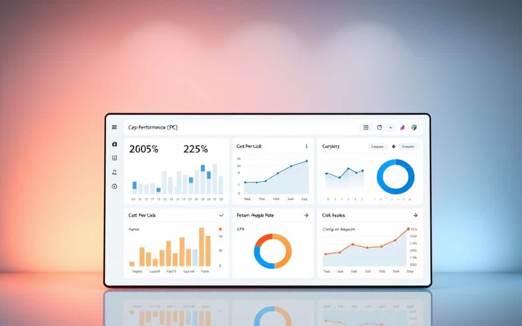 A data-driven dashboard displaying key CPC performance metrics on a sleek, minimalist interface. In the foreground, a clean grid layout showcases critical KPIs such as cost-per-click, click-through rate, and return on ad spend, presented in a clear and concise manner. The middle ground features interactive charts and graphs, allowing for deeper analysis of trends and patterns. The background blends a subtle gradient with soft, ambient lighting, creating a professional, enterprise-grade atmosphere. The overall design strikes a balance between functionality and aesthetic appeal, making it an informative yet visually appealing illustration of CPC performance.