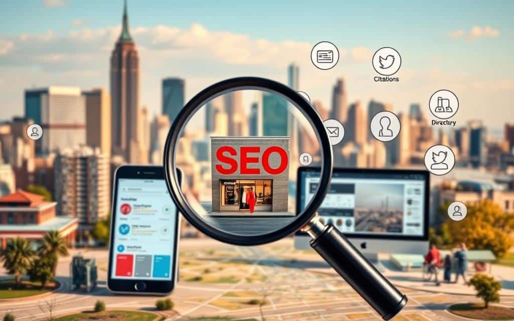 A local SEO strategy landscape with a map of a city skyline in the background, featuring landmarks and buildings. In the foreground, a magnifying glass hovers over a location, highlighting a small business storefront. The middle ground showcases various local SEO optimization elements, such as a smartphone displaying review ratings, a computer with analytics dashboards, and icons representing citations, directories, and social media profiles. The scene is illuminated by warm, natural lighting, creating a sense of focus and clarity. The overall composition conveys the importance of local search visibility and reputation management for small businesses.