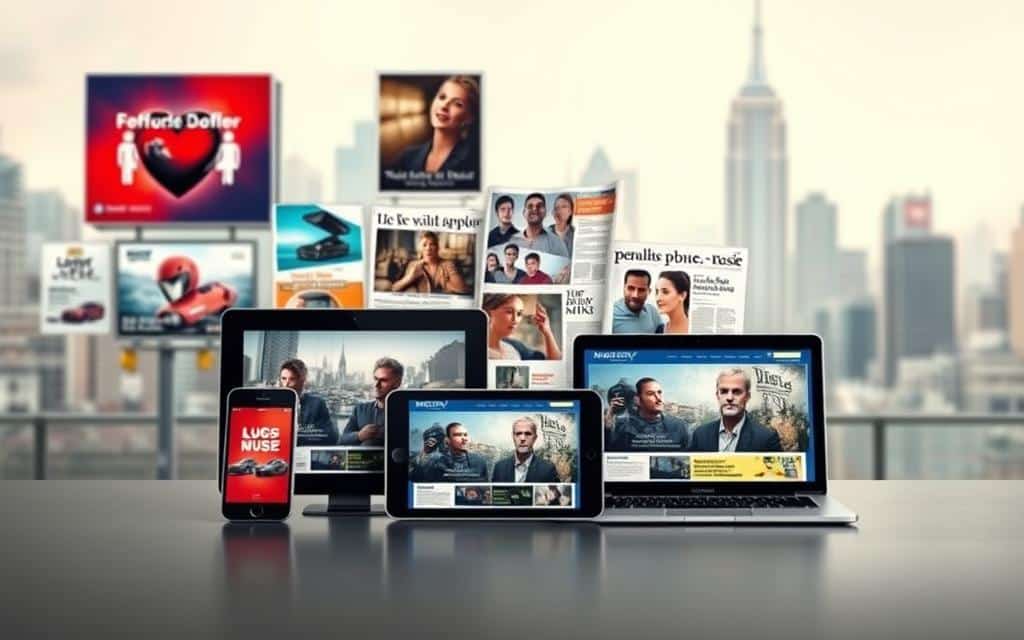A minimalist but visually striking image showcasing strategic media placement. In the foreground, various digital devices - a smartphone, tablet, and laptop - are elegantly arranged, their screens displaying different digital advertisements. The middle ground features an array of traditional media such as billboards, magazine pages, and newspaper clippings, all showcasing complementary advertising campaigns. The background is a softly blurred cityscape, hinting at the diverse media landscape. The lighting is soft and diffused, creating a sense of balance and harmony. The overall composition emphasizes the careful curation and integration of both digital and traditional media channels, reflecting the "Strategic Placement and Media Channels" concept.