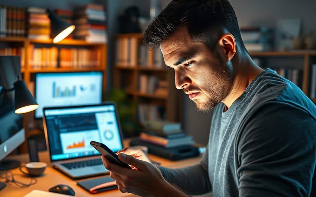 A modern office workspace with a desk, computer, and various troubleshooting tools. In the foreground, a person intently examining a smartphone screen, their brow furrowed in concentration as they navigate the conversion tracking setup. The middle ground features an open laptop displaying analytics and data visualizations, casting a soft, ambient glow. In the background, shelves filled with reference books and manuals on digital marketing and advertising provide a sense of expertise and authority. Bright, directional lighting illuminates the scene, creating depth and highlighting the problem-solving nature of the task at hand. The overall atmosphere conveys a sense of focus, determination, and the pursuit of optimization.