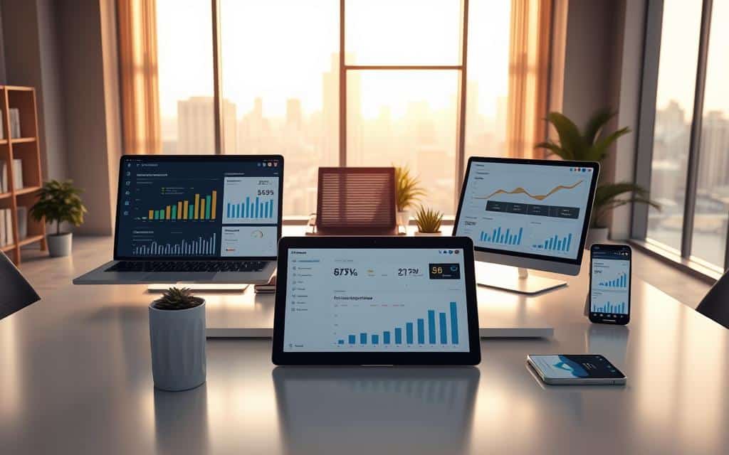 A modern, well-lit office space with a large, sleek desk featuring various digital tools and interfaces for campaign budget management. On the desk, there are a laptop, a tablet, and a smartphone displaying financial dashboards, graphs, and analytics. The foreground showcases intuitive user interfaces with clear visualizations of budget allocations, spending trends, and performance metrics. The middle ground features a minimalist, ergonomic office chair and a few potted plants, creating a calm and focused atmosphere. The background depicts floor-to-ceiling windows overlooking a cityscape, bathed in warm, natural lighting that complements the modern, professional aesthetic.