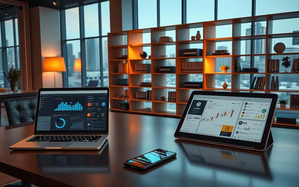 A sleek and modern office workspace, with a large desk showcasing an array of digital devices and tools for managing multiple ad campaigns. In the foreground, a high-resolution laptop displays detailed analytics and campaign performance data. Beside it, a tablet shows a comprehensive campaign management dashboard, with intuitive controls and visualizations. In the middle ground, a smartphone rests, its screen illuminated by notifications from various social media and advertising platforms. The background features minimalist shelving units, housing neatly organized files, reports, and marketing collateral. Warm, directional lighting from floor lamps casts a professional and productive atmosphere, while large windows provide a glimpse of a bustling city skyline outside. The overall scene conveys a sense of efficiency, organization, and technological prowess in the world of campaign management.