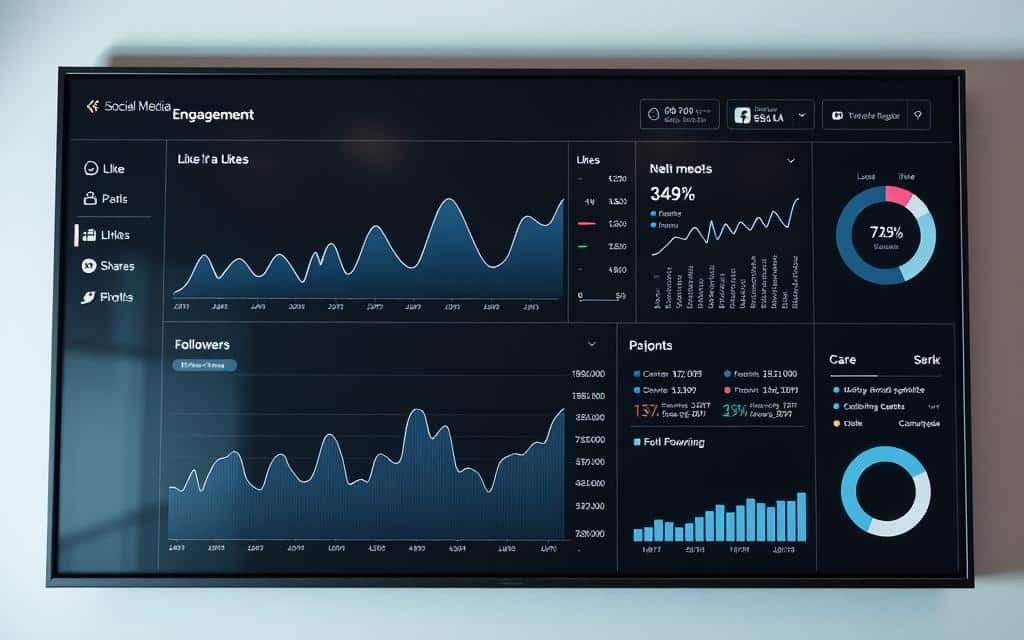 A sleek, minimalist dashboard displaying social media engagement metrics in real-time. Elegant line graphs and circular charts depict trends in likes, shares, comments, and follower growth across various platforms. The screen is bathed in a cool, neutral color palette with subtle highlights, creating a professional, data-driven atmosphere. The layout is clean and uncluttered, allowing the insights to take center stage. The overall composition conveys a sense of control, mastery, and data-driven decision making - essential for monitoring the impact of an advertising campaign.